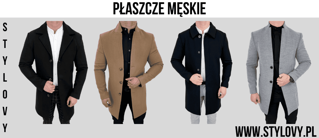 Płaszcz męski czarny, beżowy, czarny, szary przedstawiony na osobie